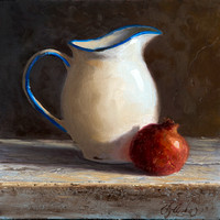 "White pitcher with pomegranate"  8x8 oil on board